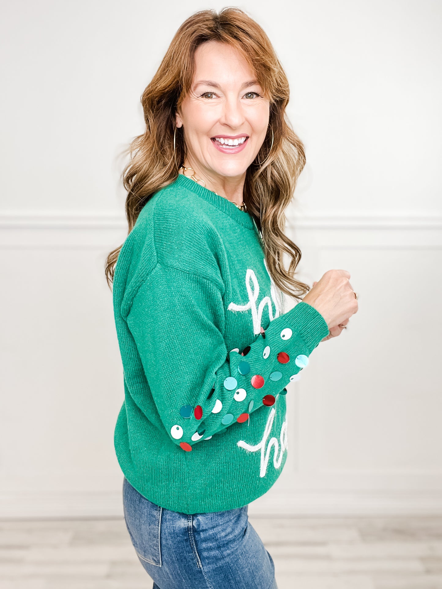 SPANGLED SLEEVE TINSEL LETTERING CHRISTMAS SWEATER