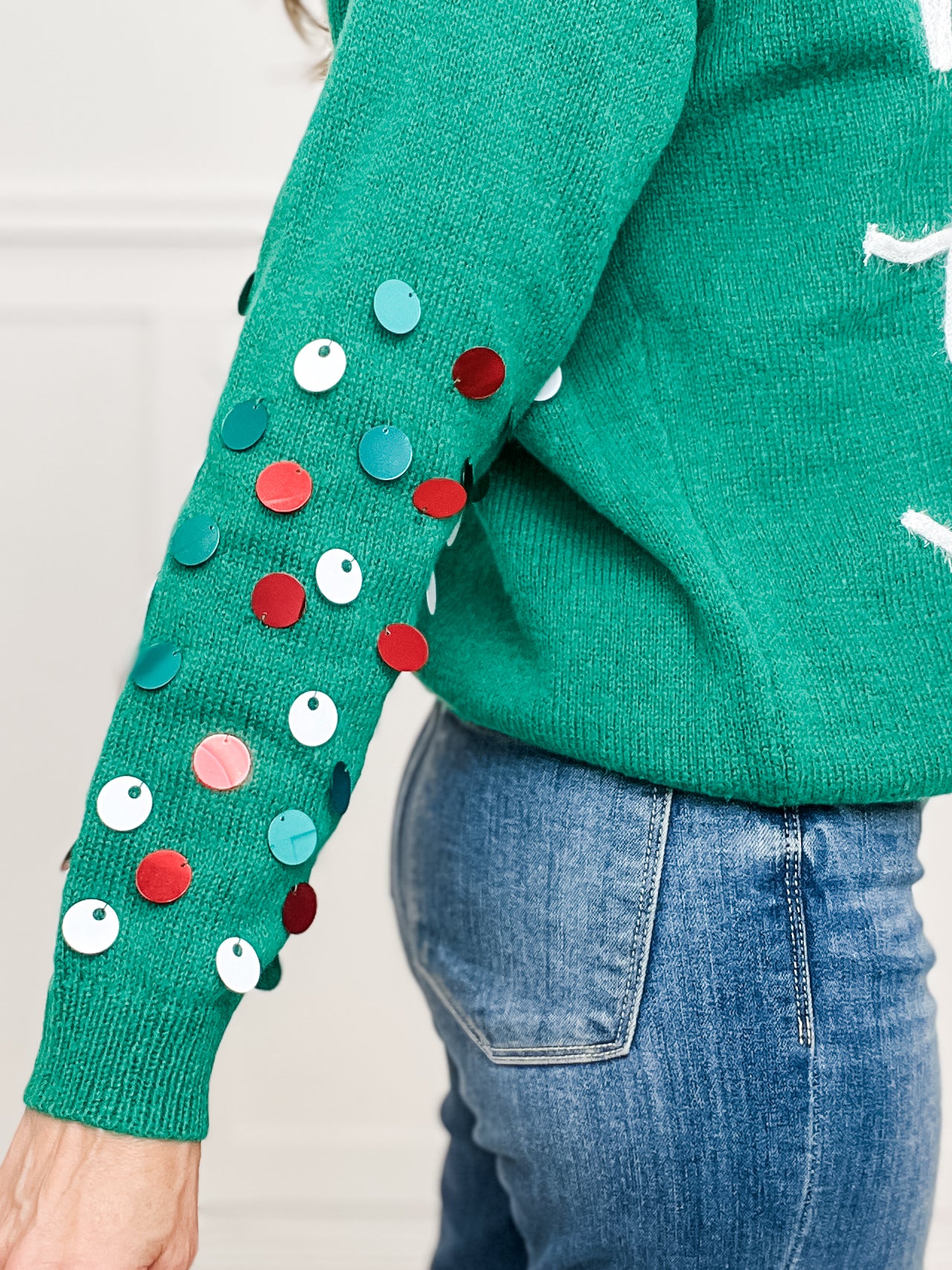 SPANGLED SLEEVE TINSEL LETTERING CHRISTMAS SWEATER