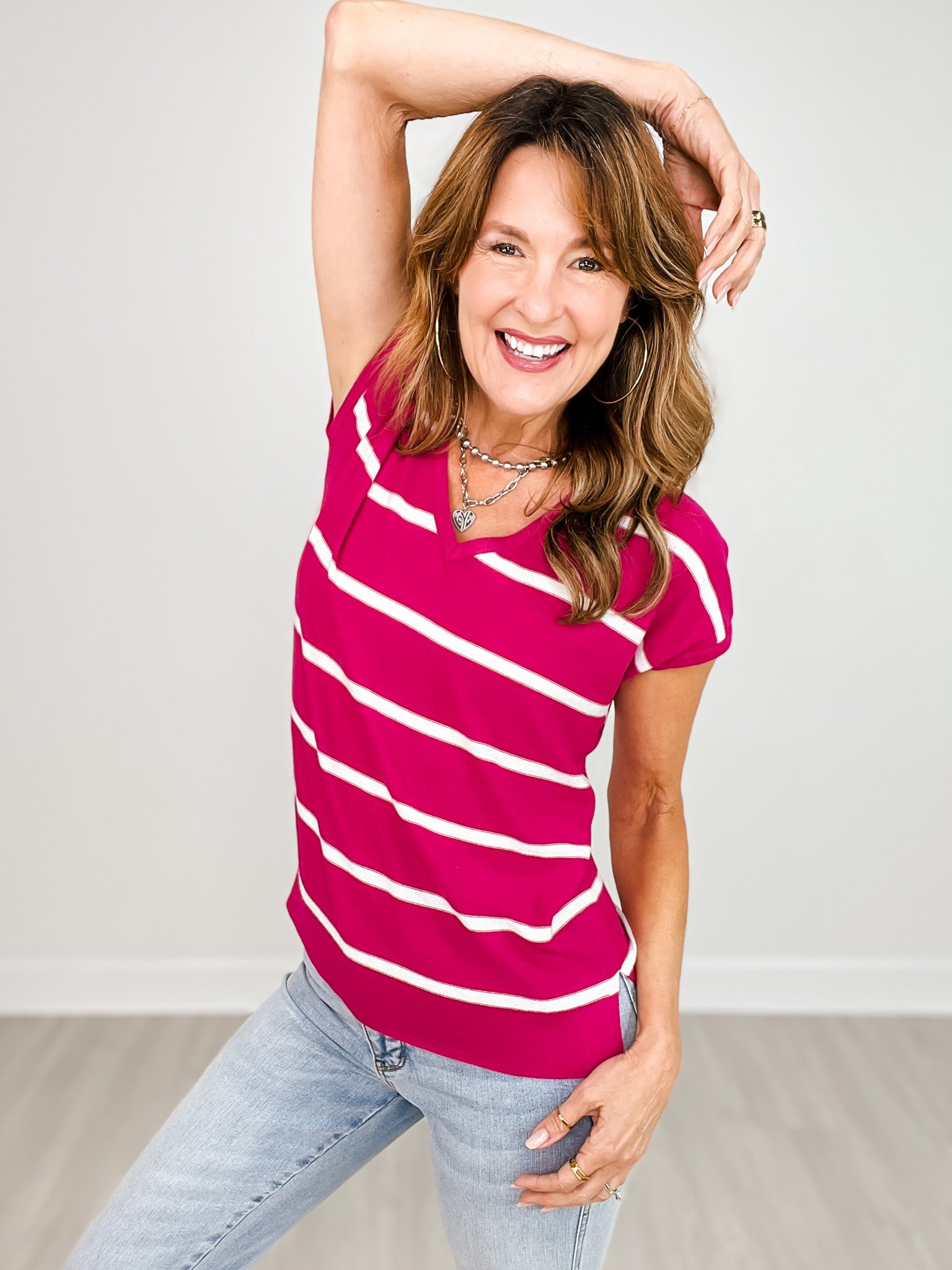 Striped V-Neck Short Sleeve Sweater Top
