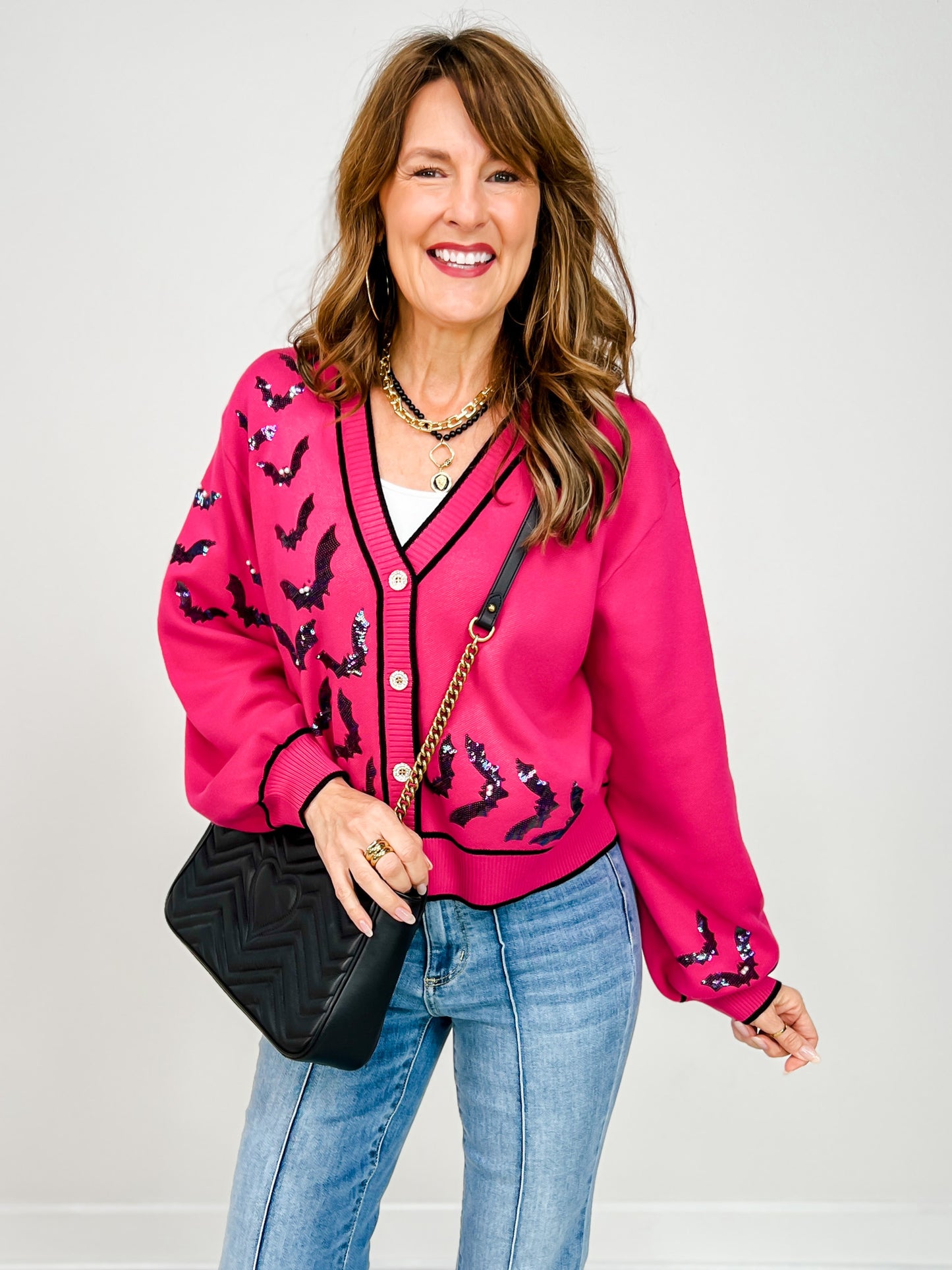 Queen of Sparkles Bright Pink Crawling Bats Button Up Cardigan