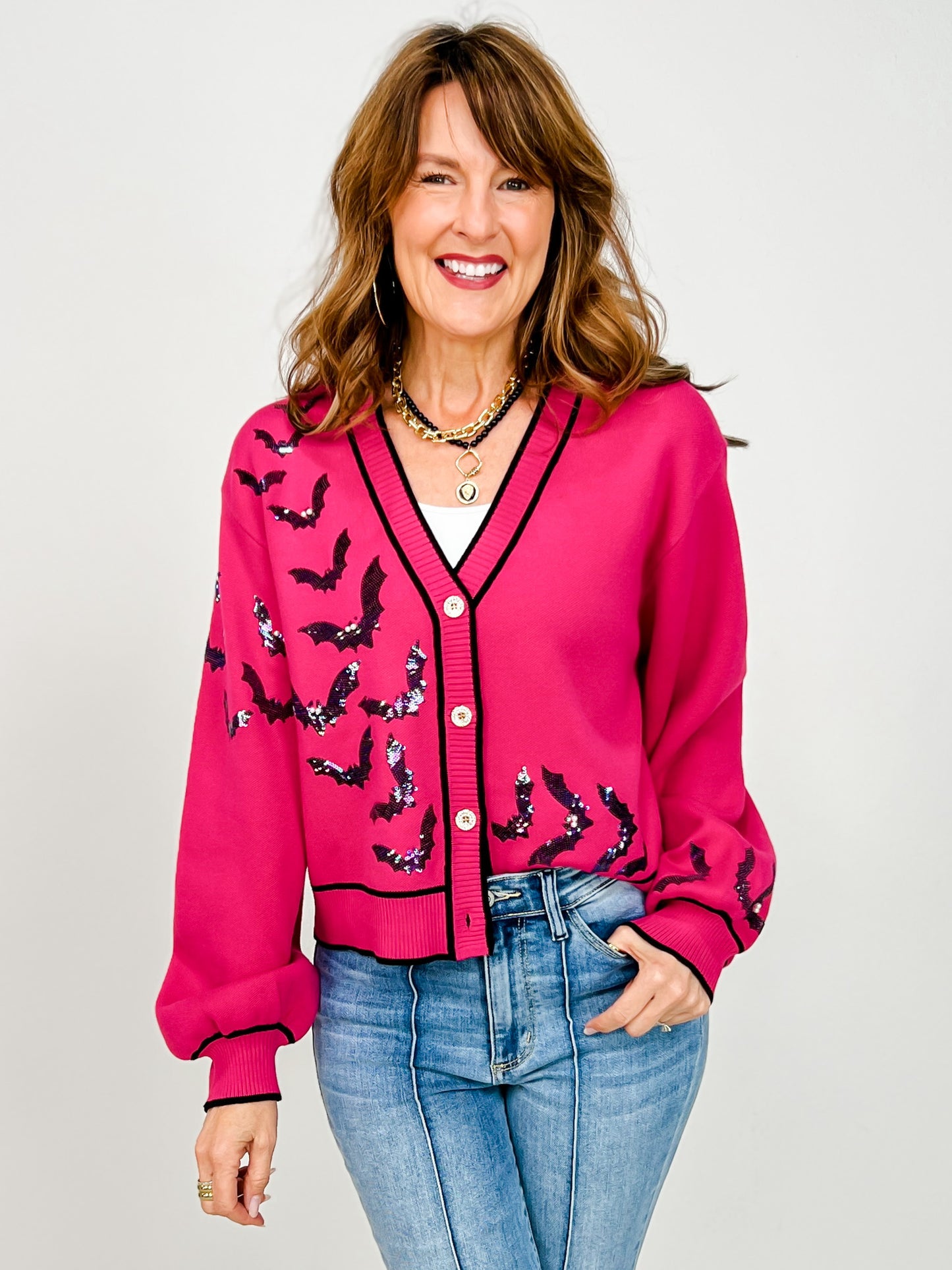 Queen of Sparkles Bright Pink Crawling Bats Button Up Cardigan