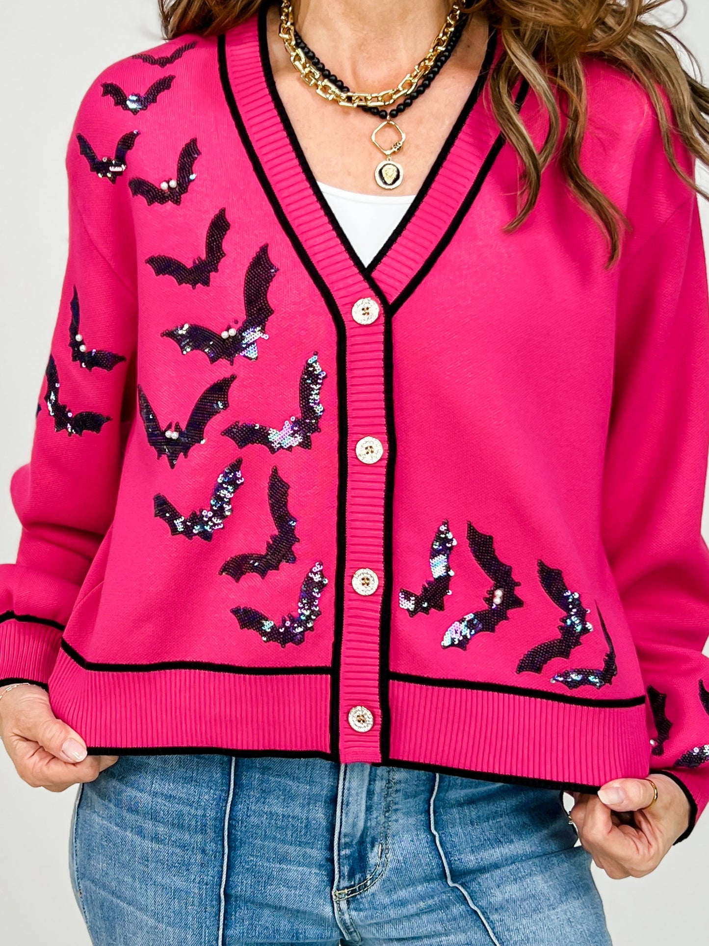 Queen of Sparkles Bright Pink Crawling Bats Button Up Cardigan