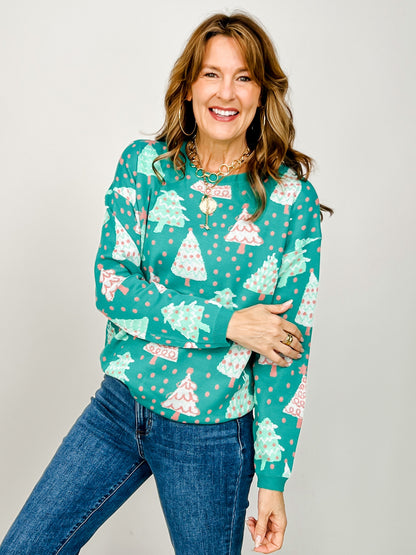 Pastel Colored Christmas Tree Print Sweater