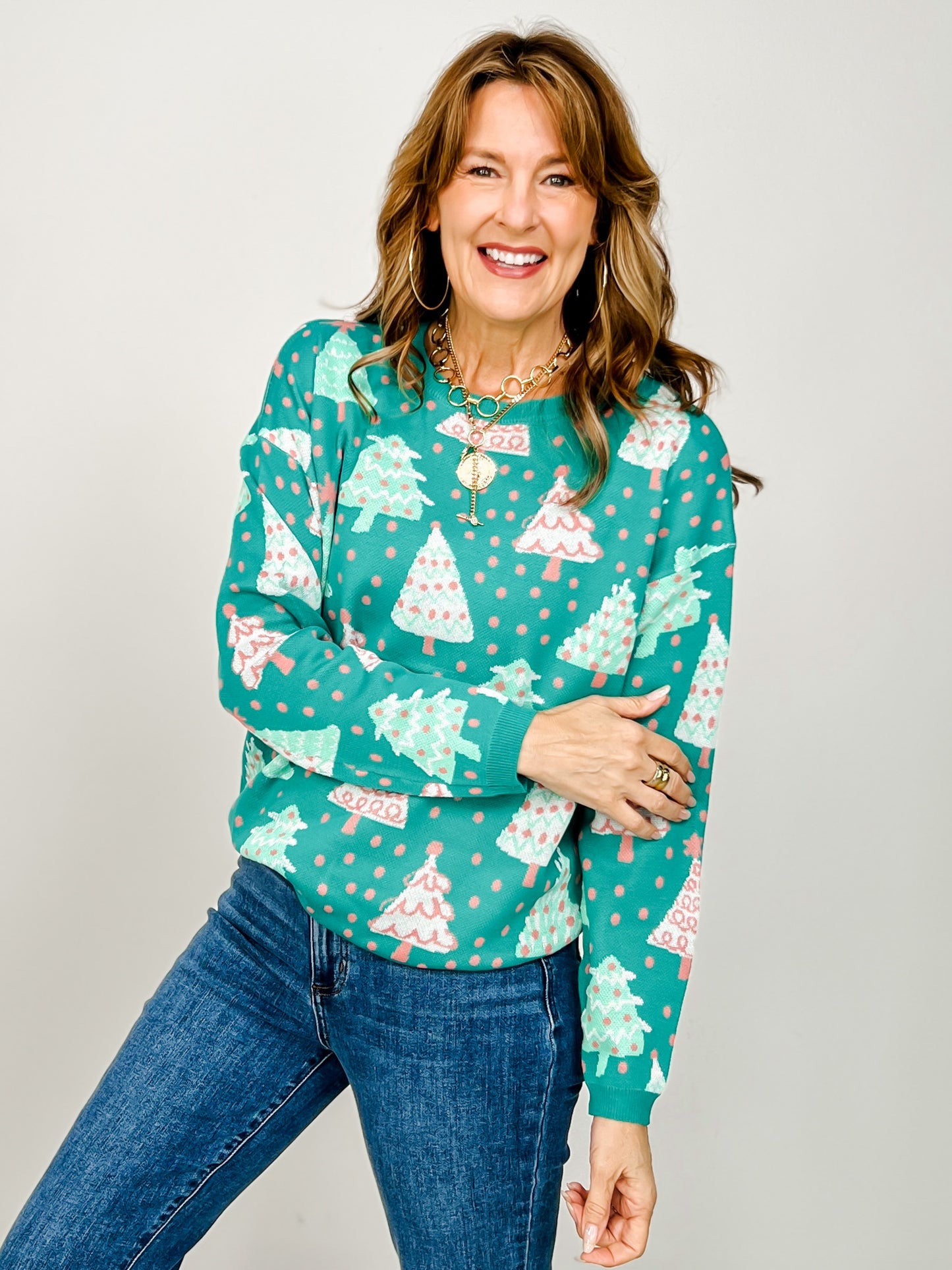 Pastel Colored Christmas Tree Print Sweater