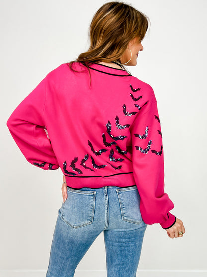Queen of Sparkles Bright Pink Crawling Bats Button Up Cardigan