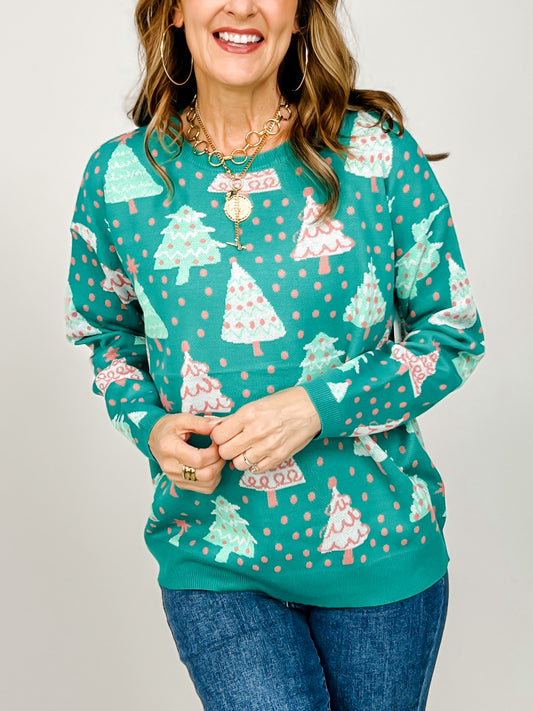 Pastel Colored Christmas Tree Print Sweater