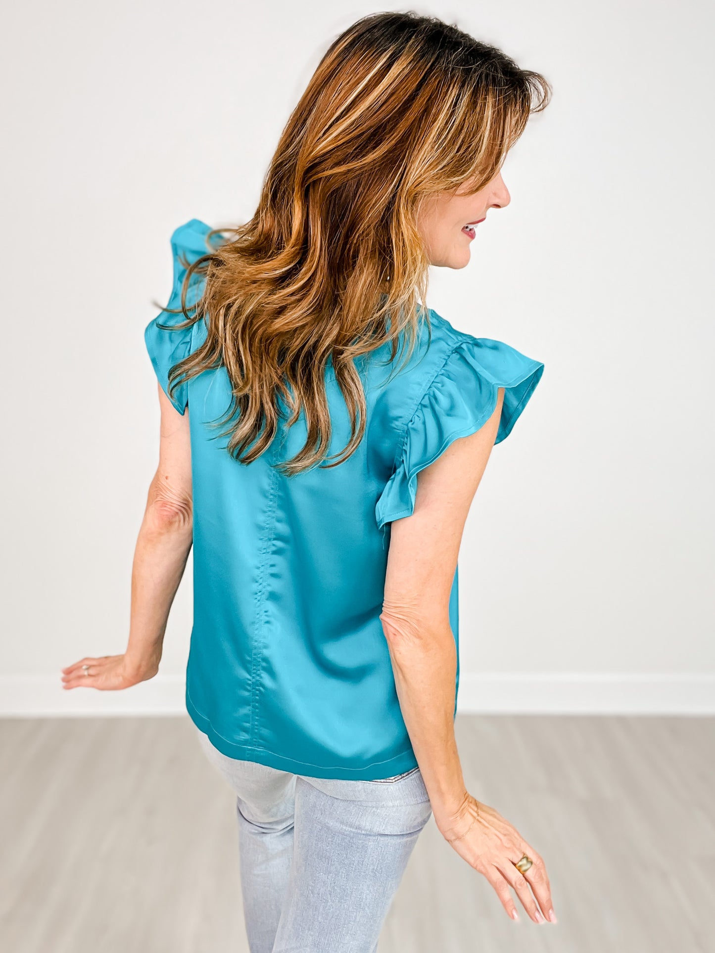 V-Neck Ruffle Sleeve Satin Woven Woven Top