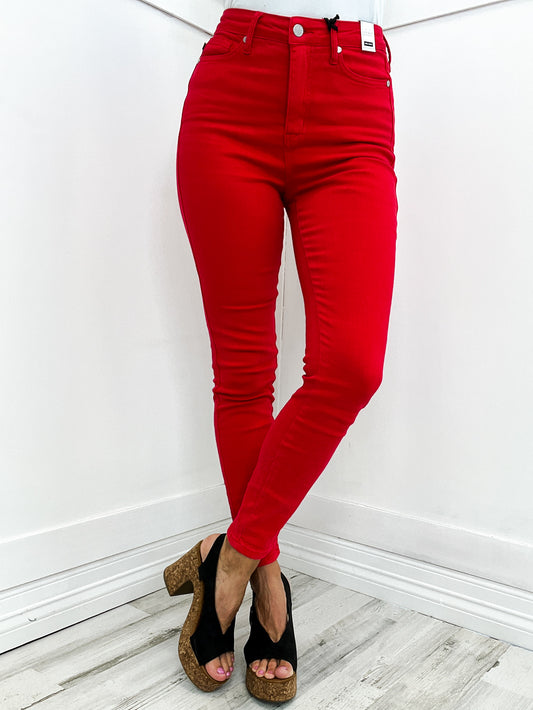 Judy Blue High Waist Control Top Garment Dyed Skinny Jeans in Red
