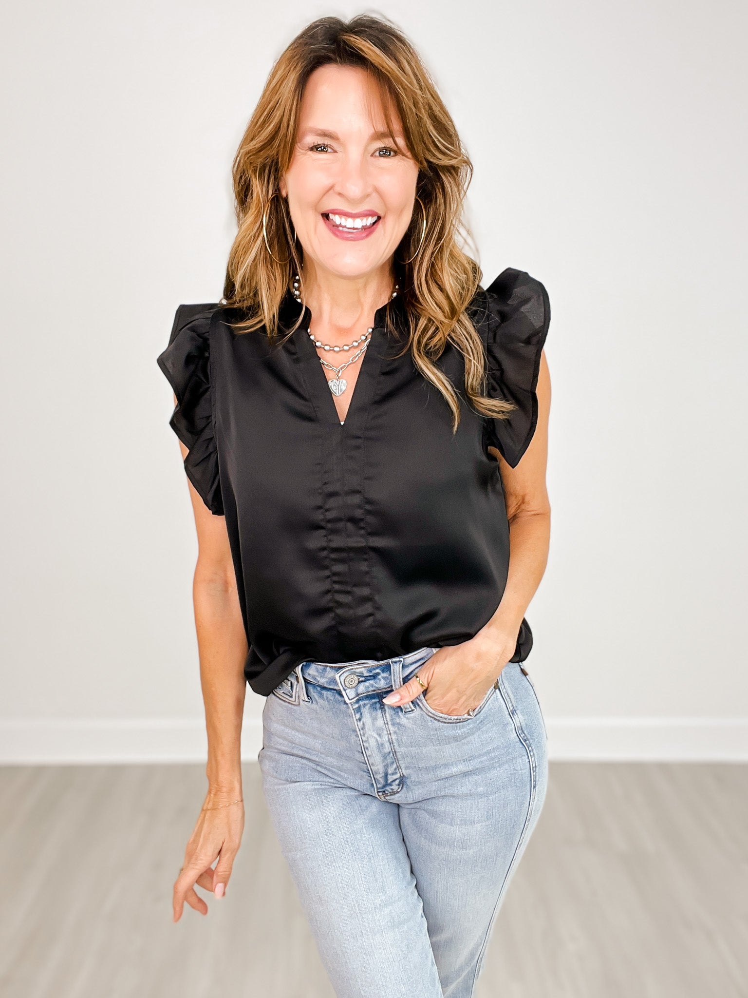V-Neck Ruffle Sleeve Satin Woven Woven Top