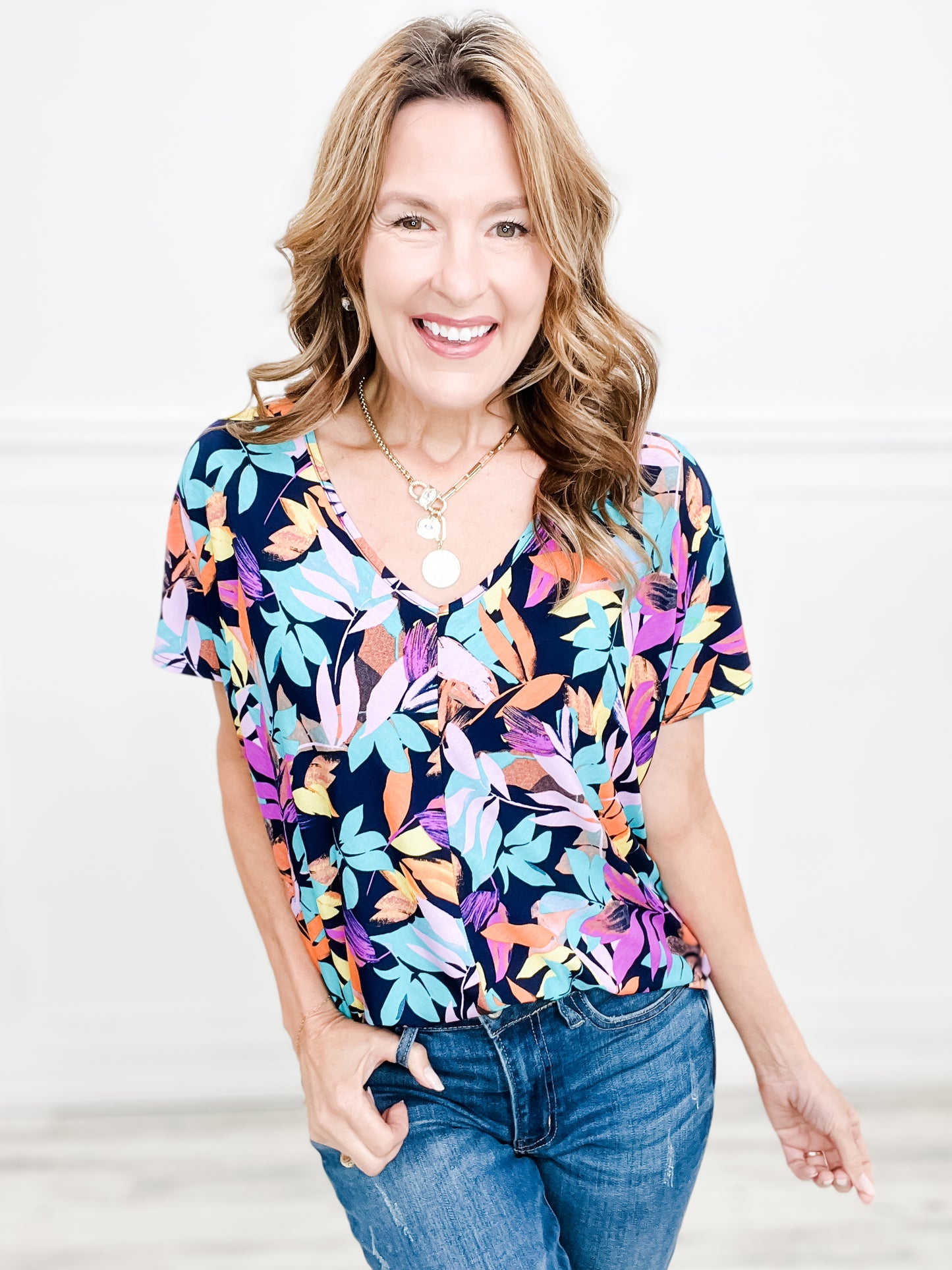 Take Me To The Beach Wrinkle-Free Tropical Print V-Neck Top