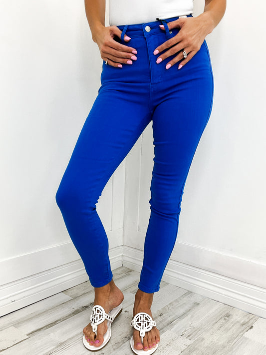 Judy Blue High Waist Control Top Garment Dyed Skinny Jeans in Cobalt