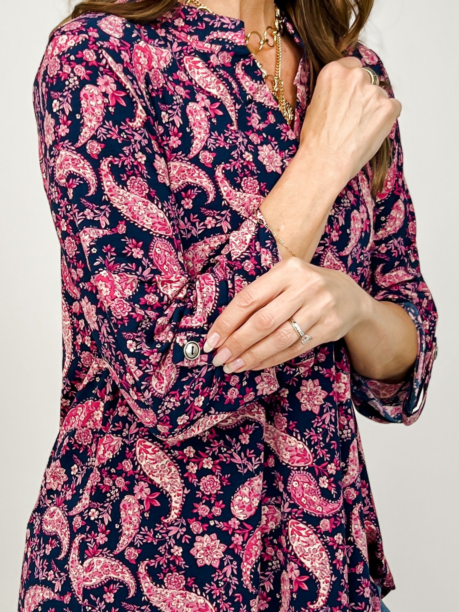 3/4 Sleeve Lizzy Top in Navy Pink Floral Print