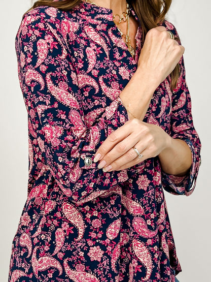3/4 Sleeve Lizzy Top in Navy Pink Floral Print