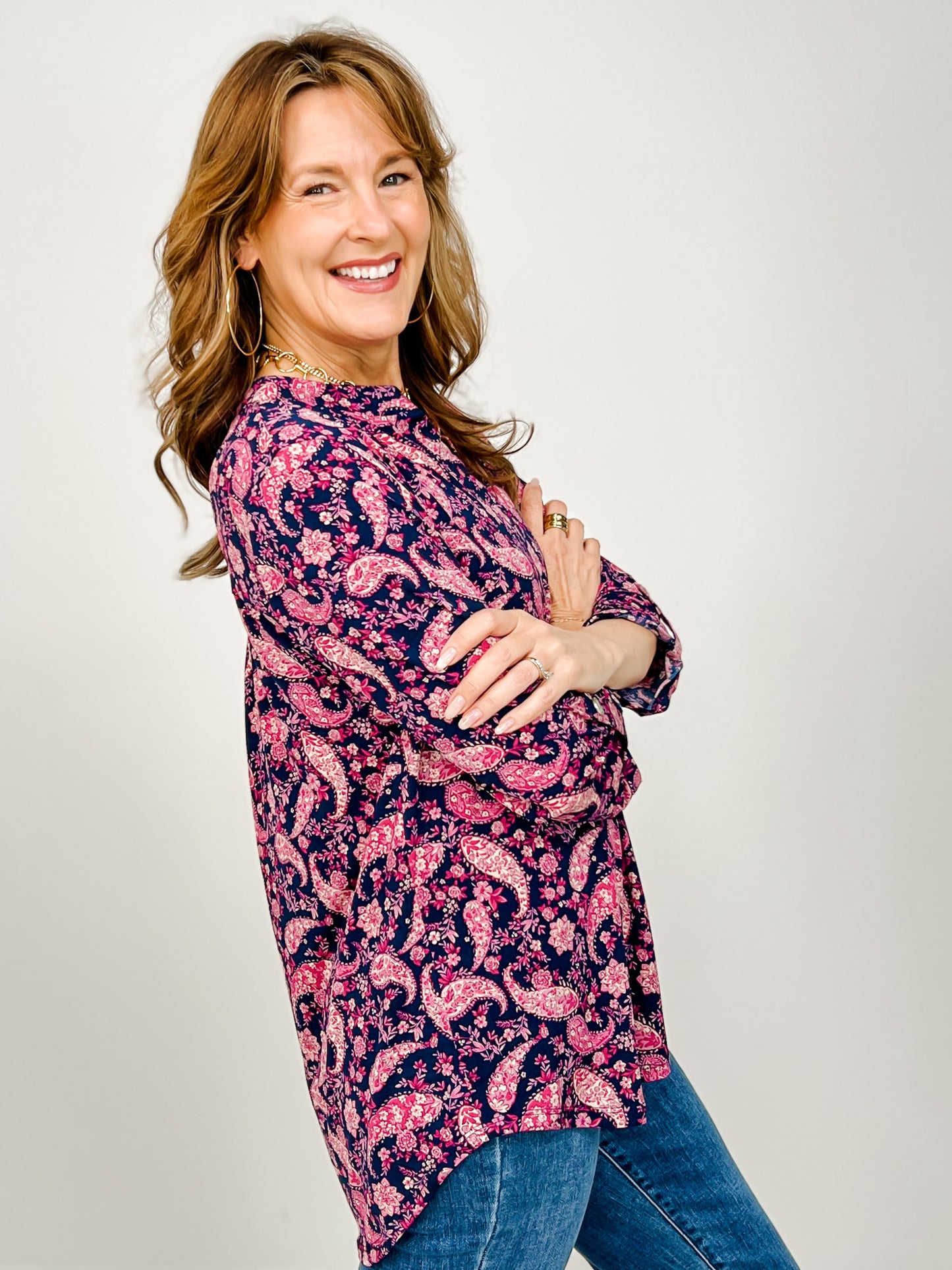 3/4 Sleeve Lizzy Top in Navy Pink Floral Print