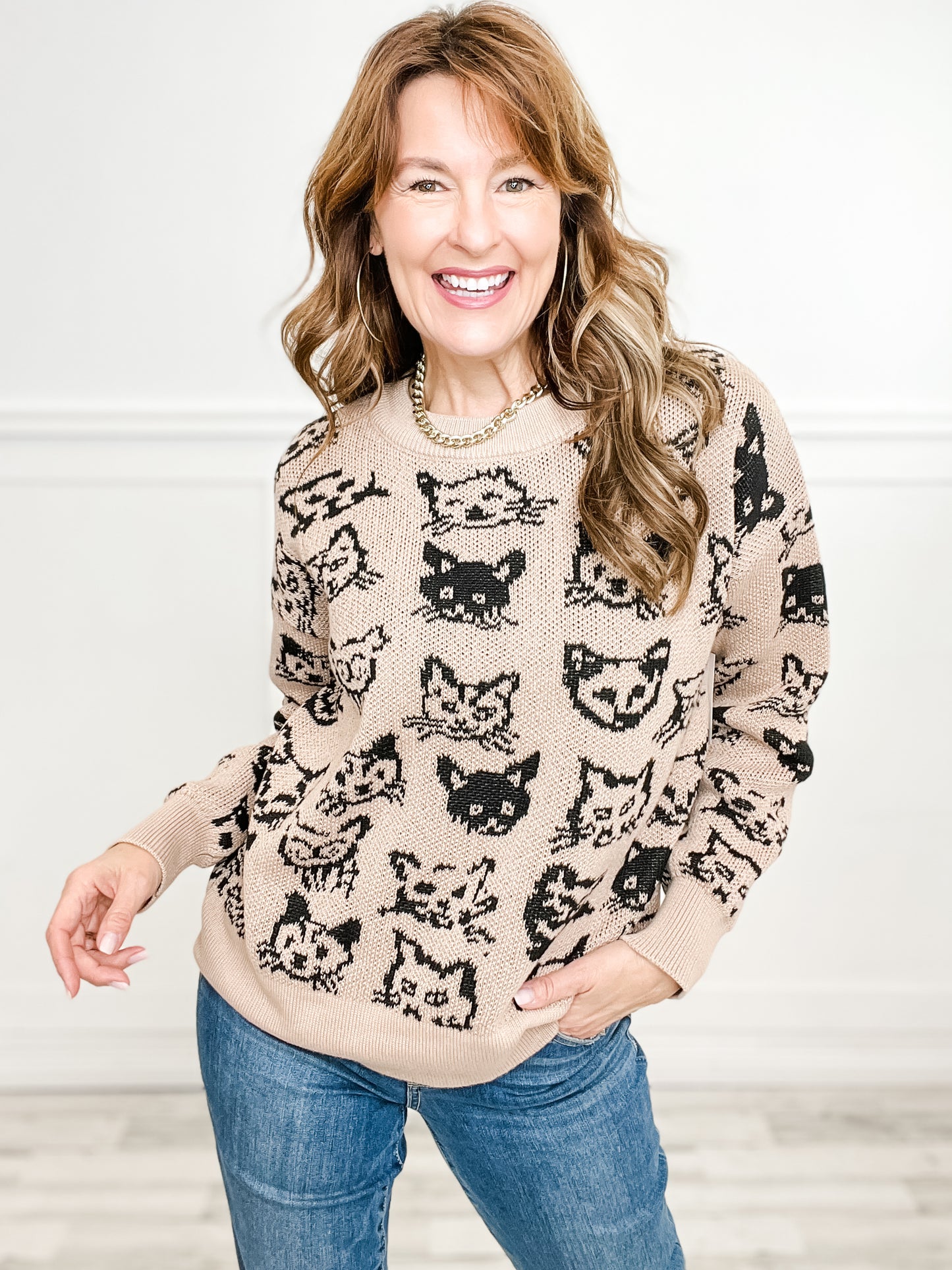 Long Sleeve Cat Print Knit Sweater