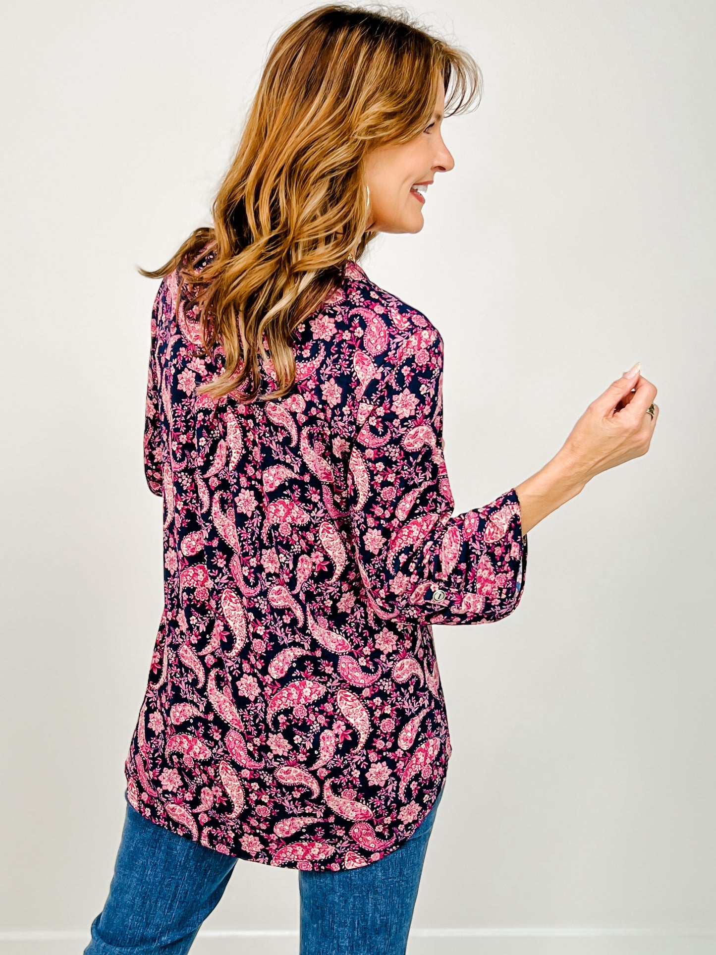 3/4 Sleeve Lizzy Top in Navy Pink Floral Print