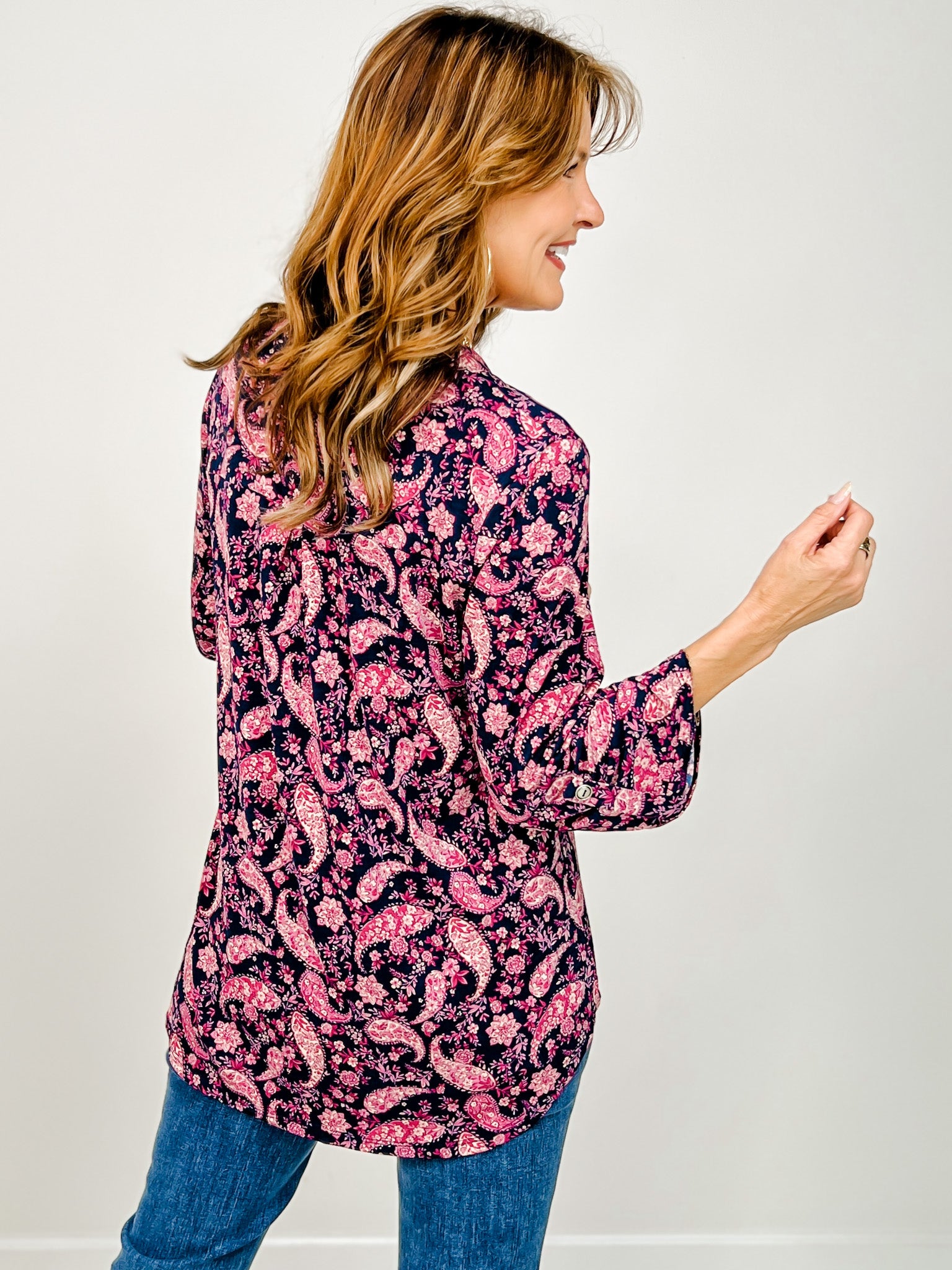 3/4 Sleeve Lizzy Top in Navy Pink Floral Print