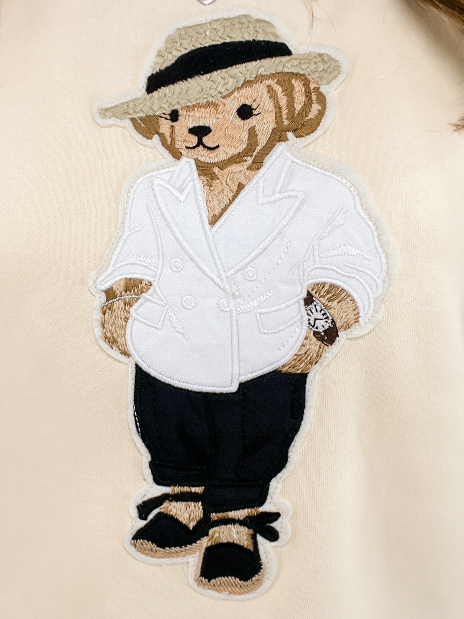 Teddy Bear Patch Puff Sleeve French Terry Top