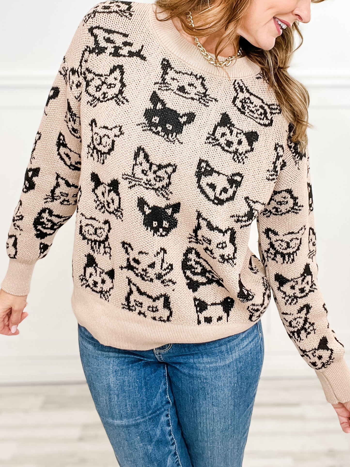 Long Sleeve Cat Print Knit Sweater