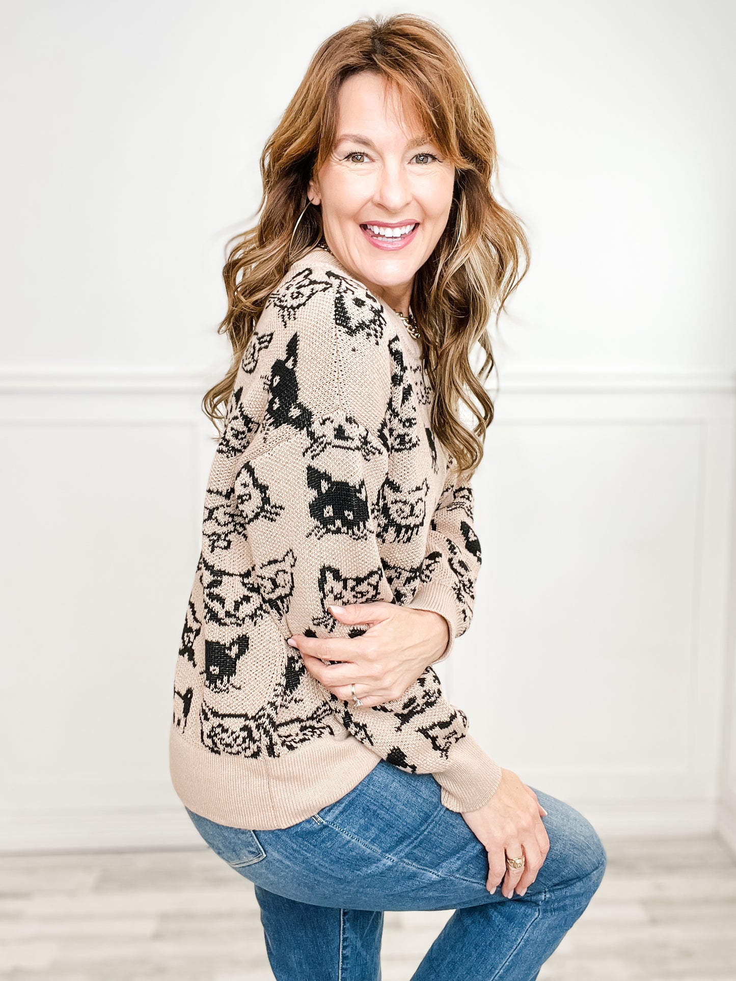 Long Sleeve Cat Print Knit Sweater