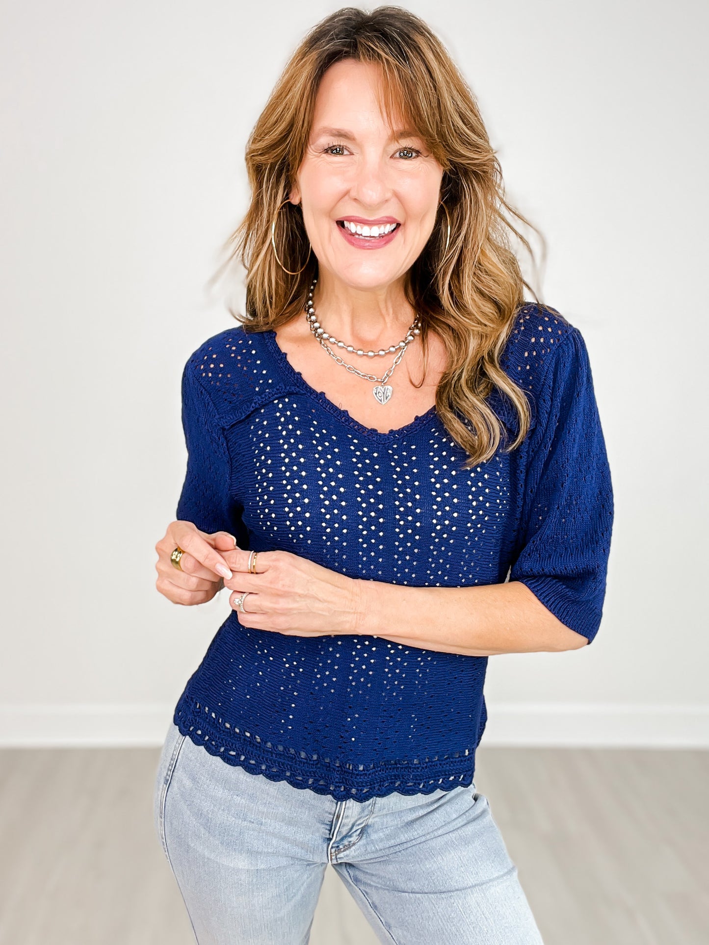 Half Puff Sleeve V-Neck Pointelle Sweater Top