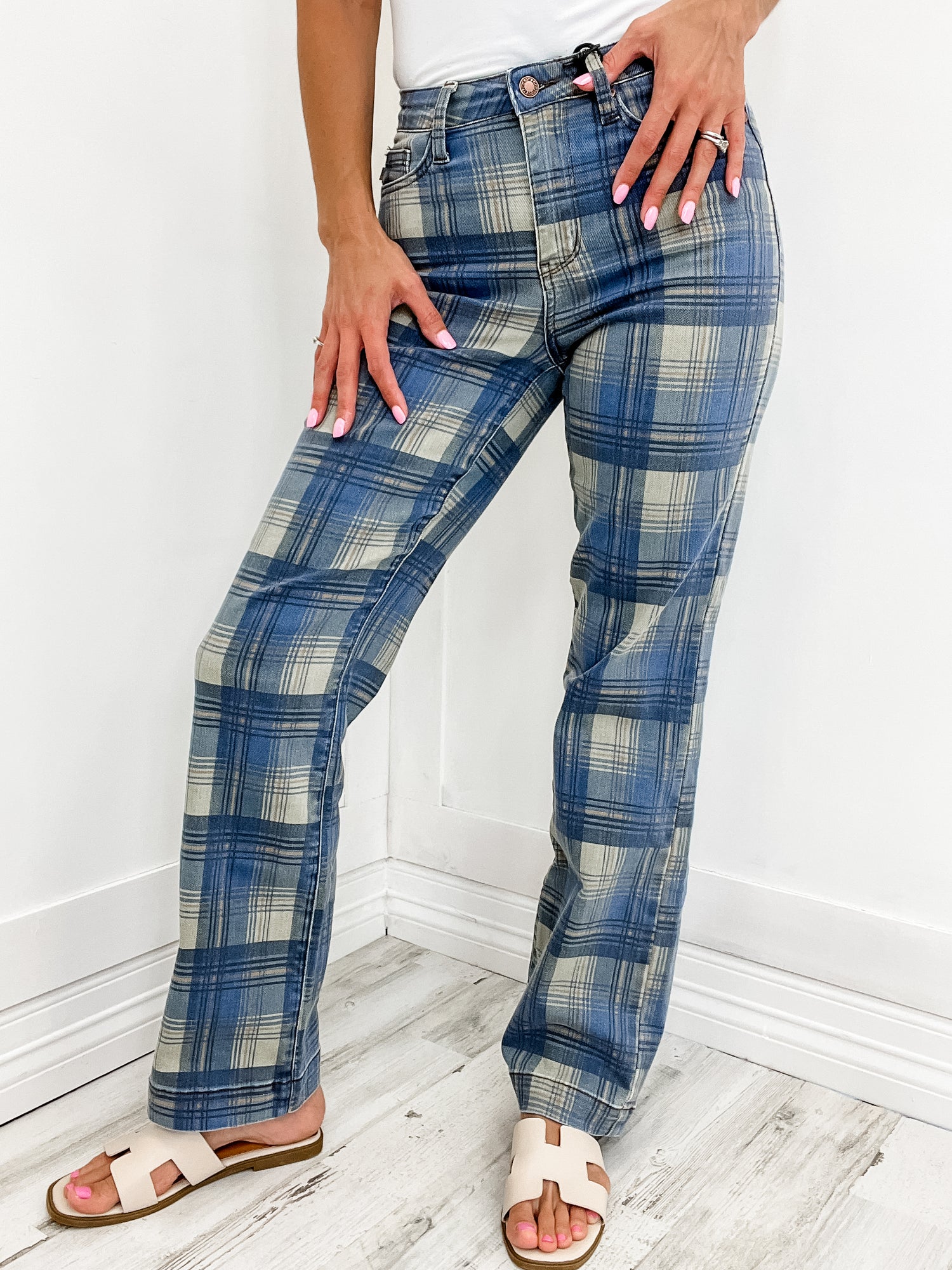 Judy Blue High Waist Vintage Look Plaid Straight Leg Jeans – Emma