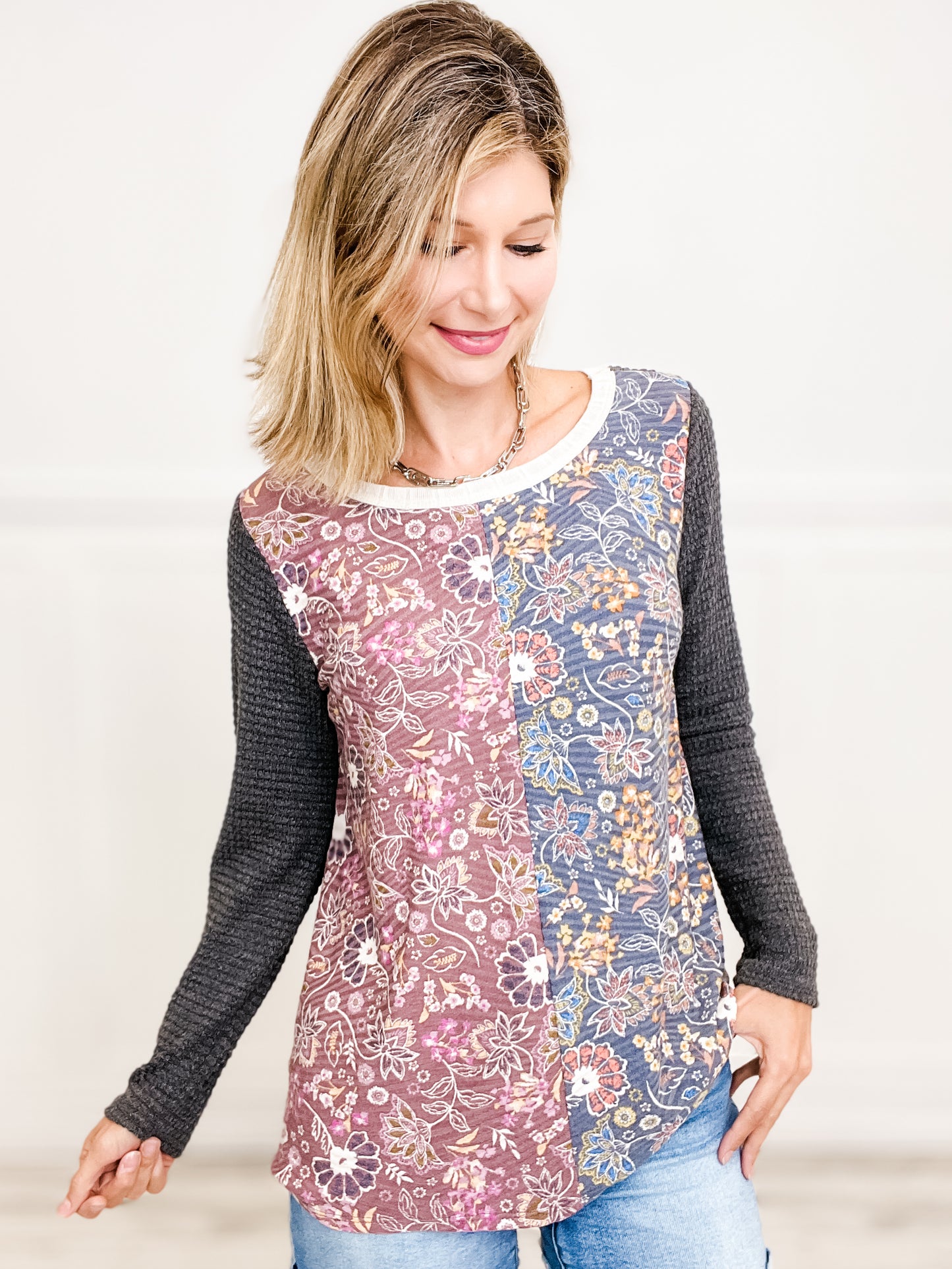 Floral Waffle Knit Long Sleeve Top