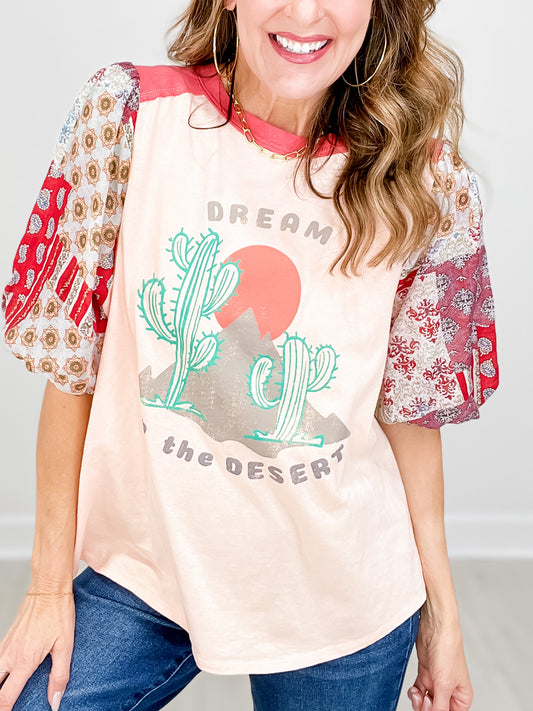 Western Graphic Cotton Jersey Top with Bubble Half Sleeves