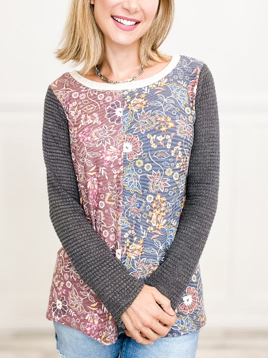 Floral Waffle Knit Long Sleeve Top