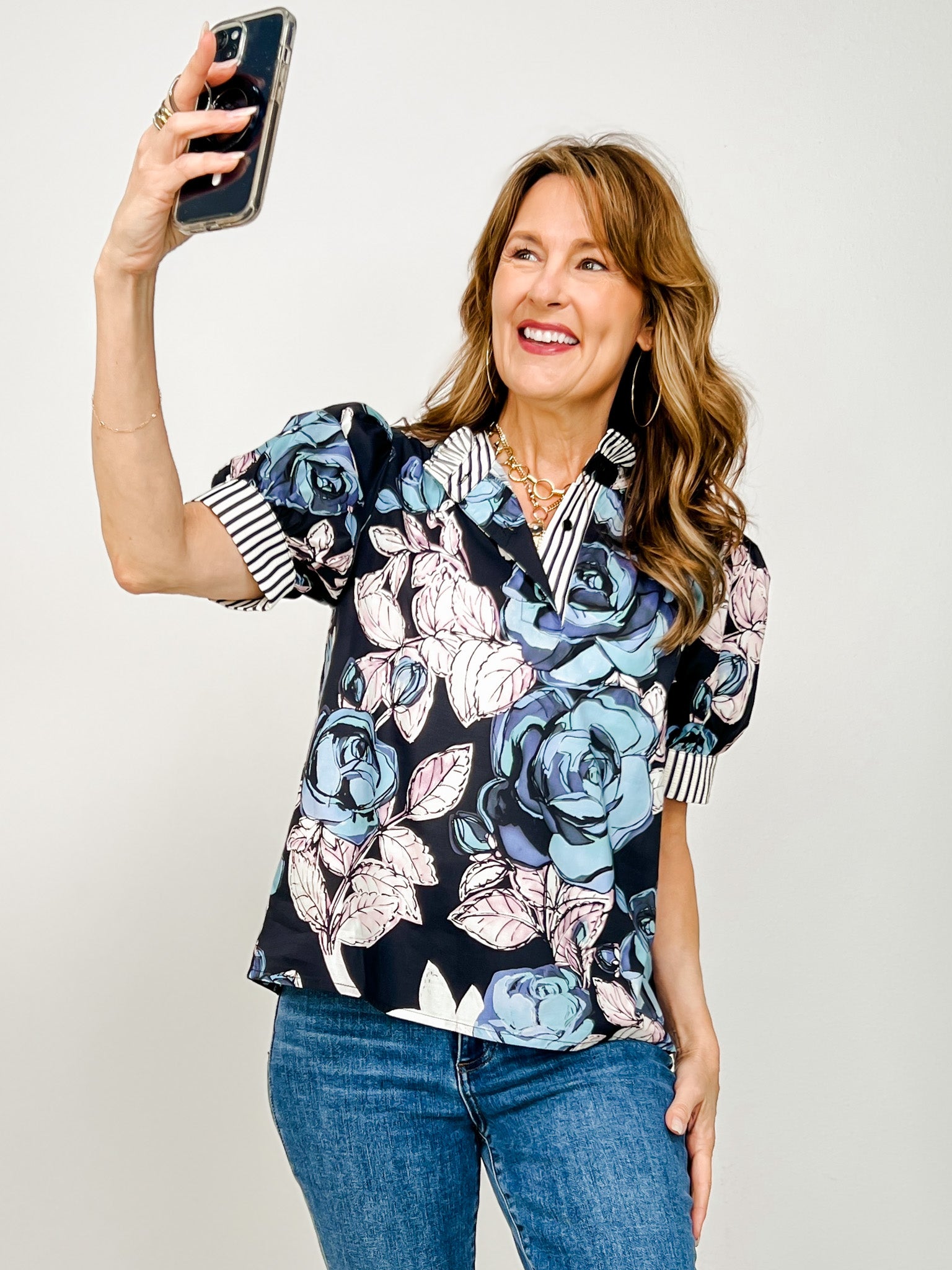 Short Sleeve Ruffled Mock Neck Floral Top