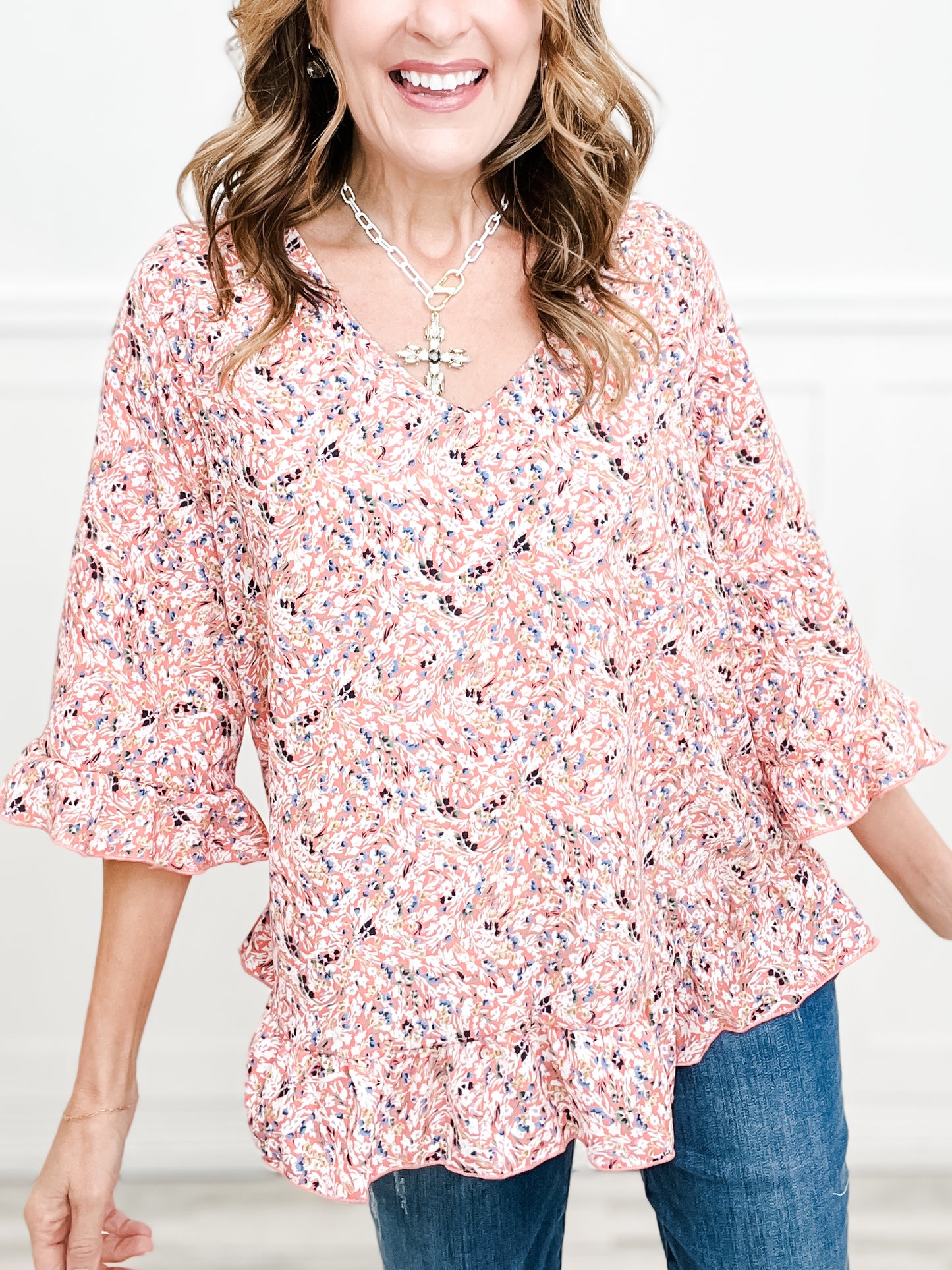 V-Neck Floral Ruffle Detailed Sleeves Top