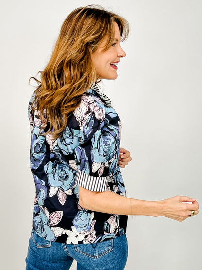Short Sleeve Ruffled Mock Neck Floral Top