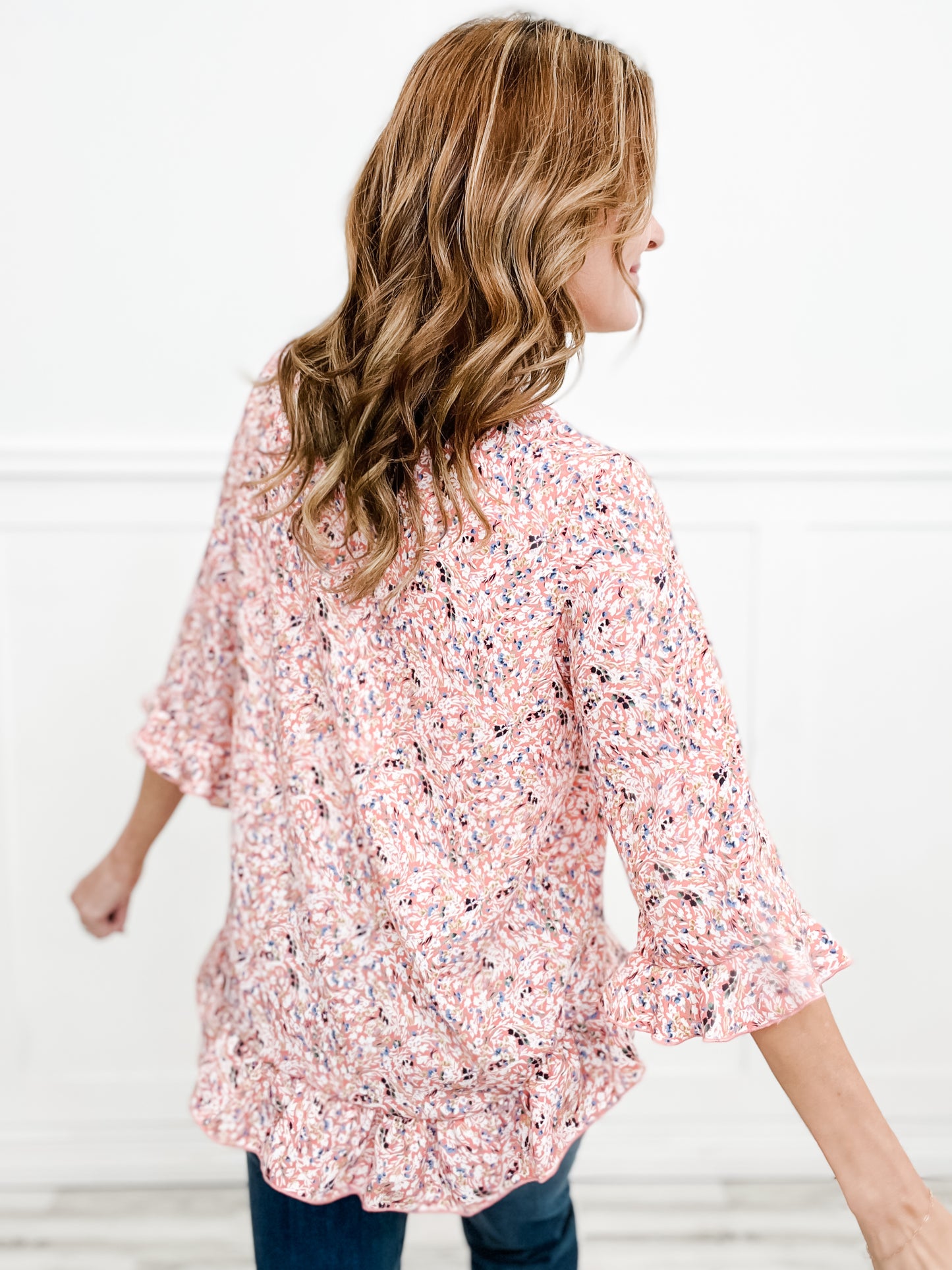 V-Neck Floral Ruffle Detailed Sleeves Top