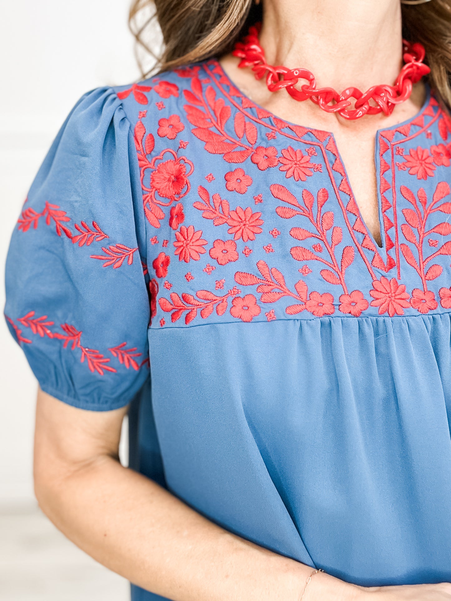 Floral Print Top with Floral Embroidery Puff Sleeves and Split Neckline