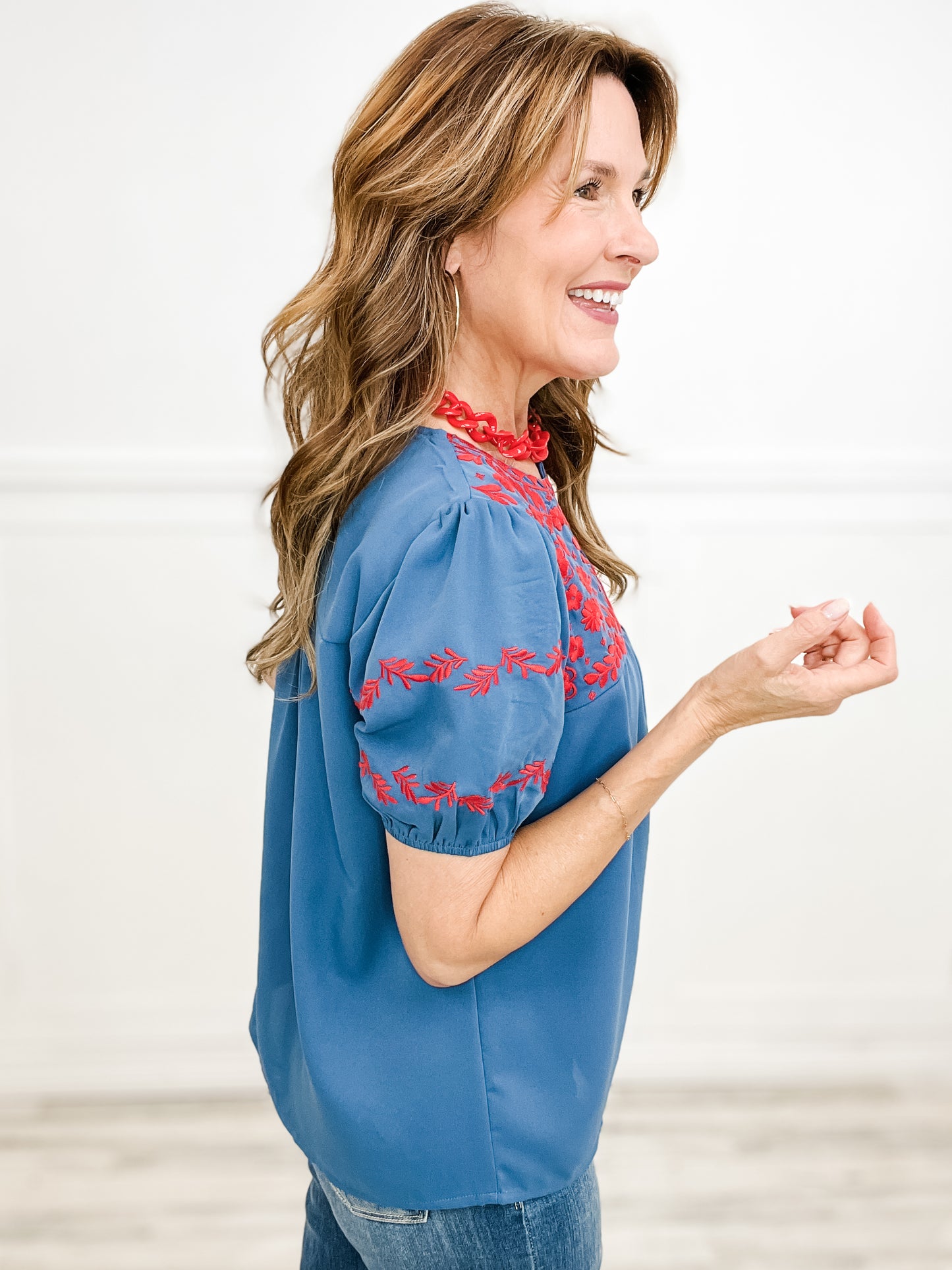 Floral Print Top with Floral Embroidery Puff Sleeves and Split Neckline