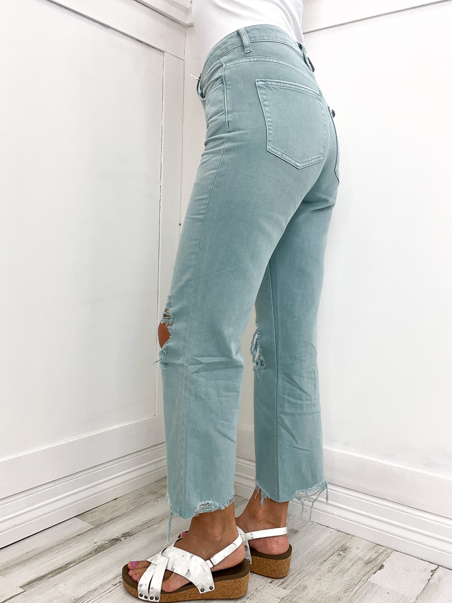 High Rise Destructed Crop Ankle Flare Jeans