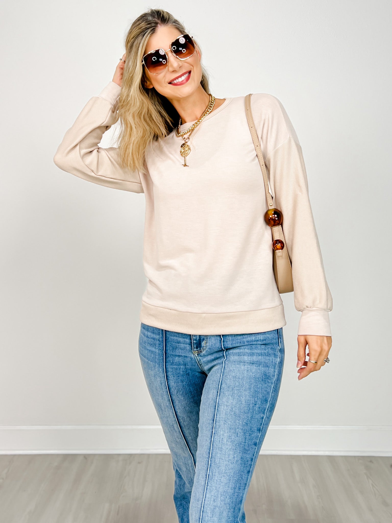 Wide Crew Neck French Terry Long Sleeve Top