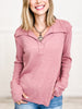 THERMAL COLLARED TOP WITH V-NECKLINE AND THUMB HOLES