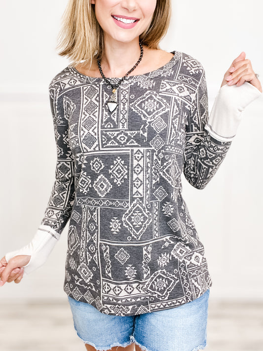 AZTEC PRINT FRENCH TERRY TOP WITH THUMB OPENING