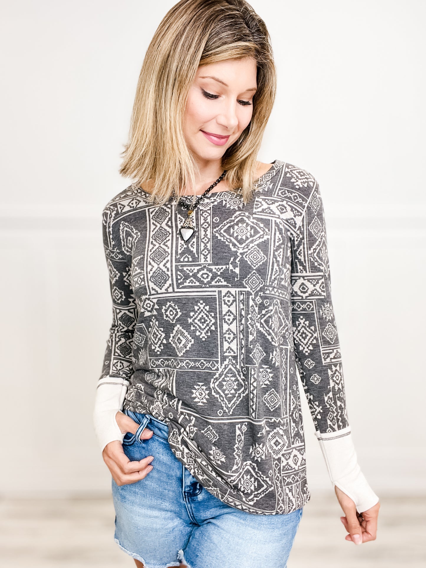 AZTEC PRINT FRENCH TERRY TOP WITH THUMB OPENING