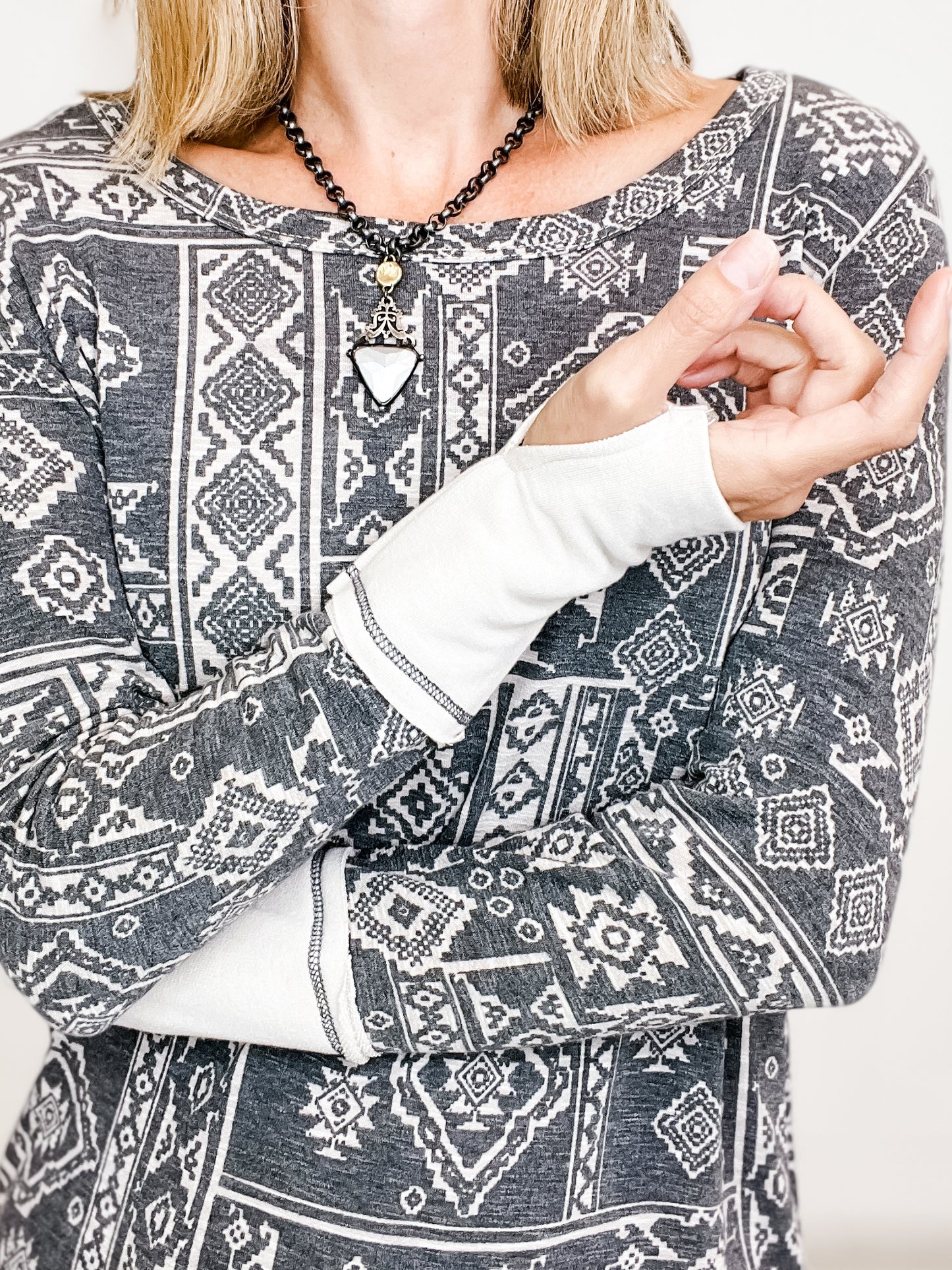 AZTEC PRINT FRENCH TERRY TOP WITH THUMB OPENING