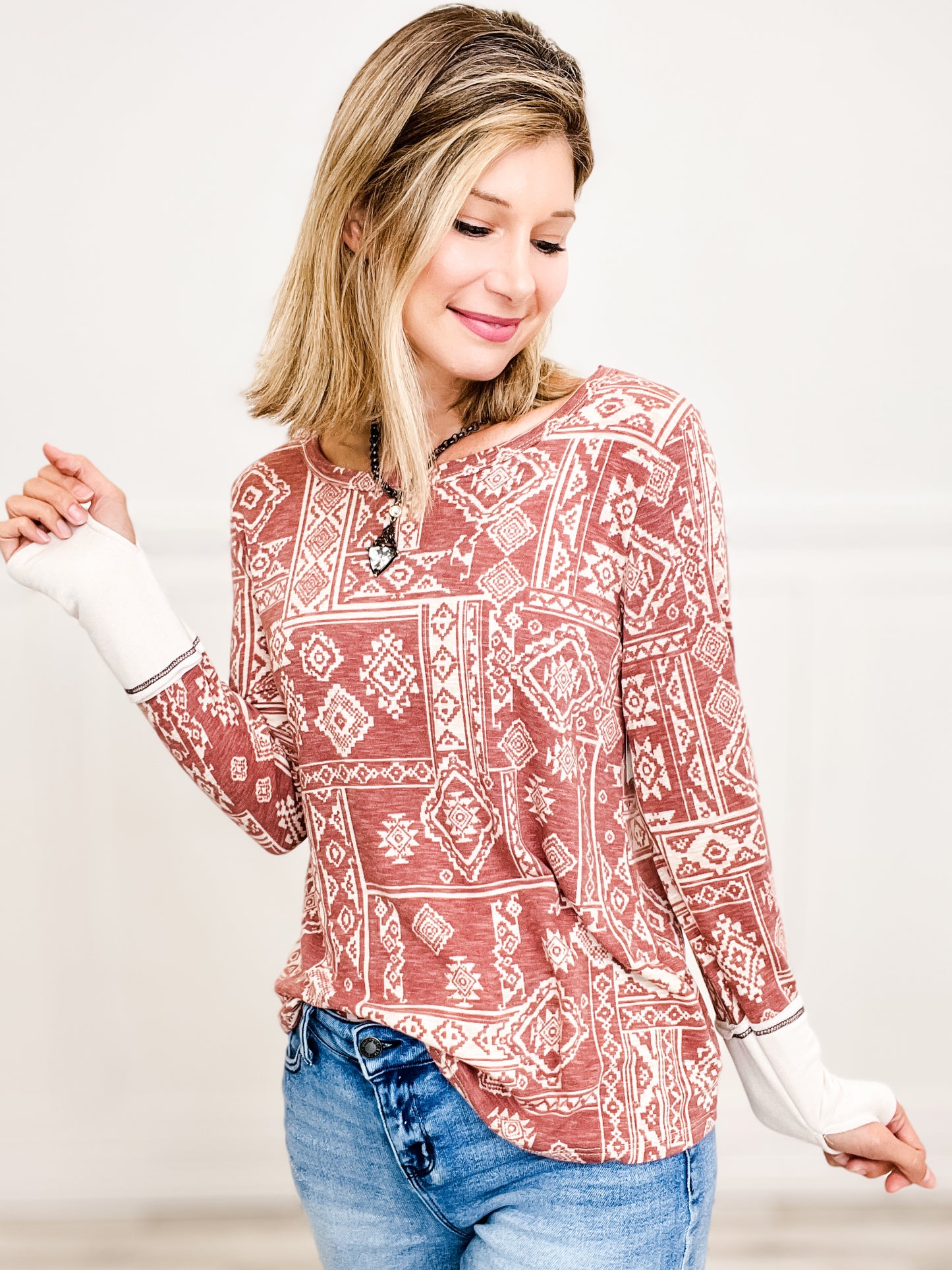 AZTEC PRINT FRENCH TERRY TOP WITH THUMB OPENING