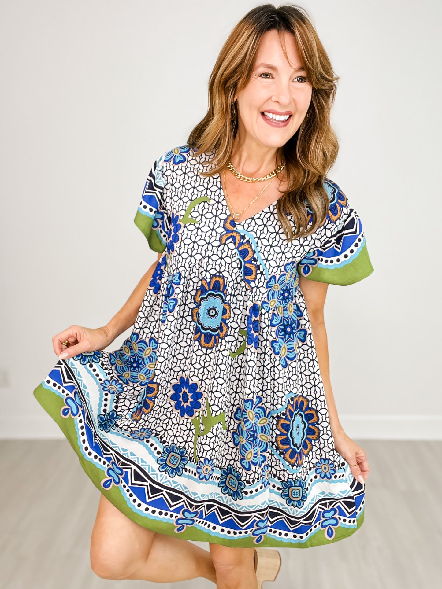 Printed V-Neck Short Sleeve Mini Dress with Back Tie