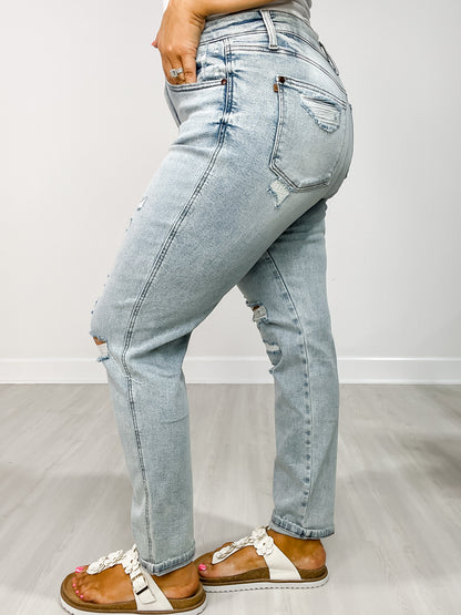 Judy Blue DRIFTER Mid-Rise Stitch Detail Single Cuff Boyfriend Jeans