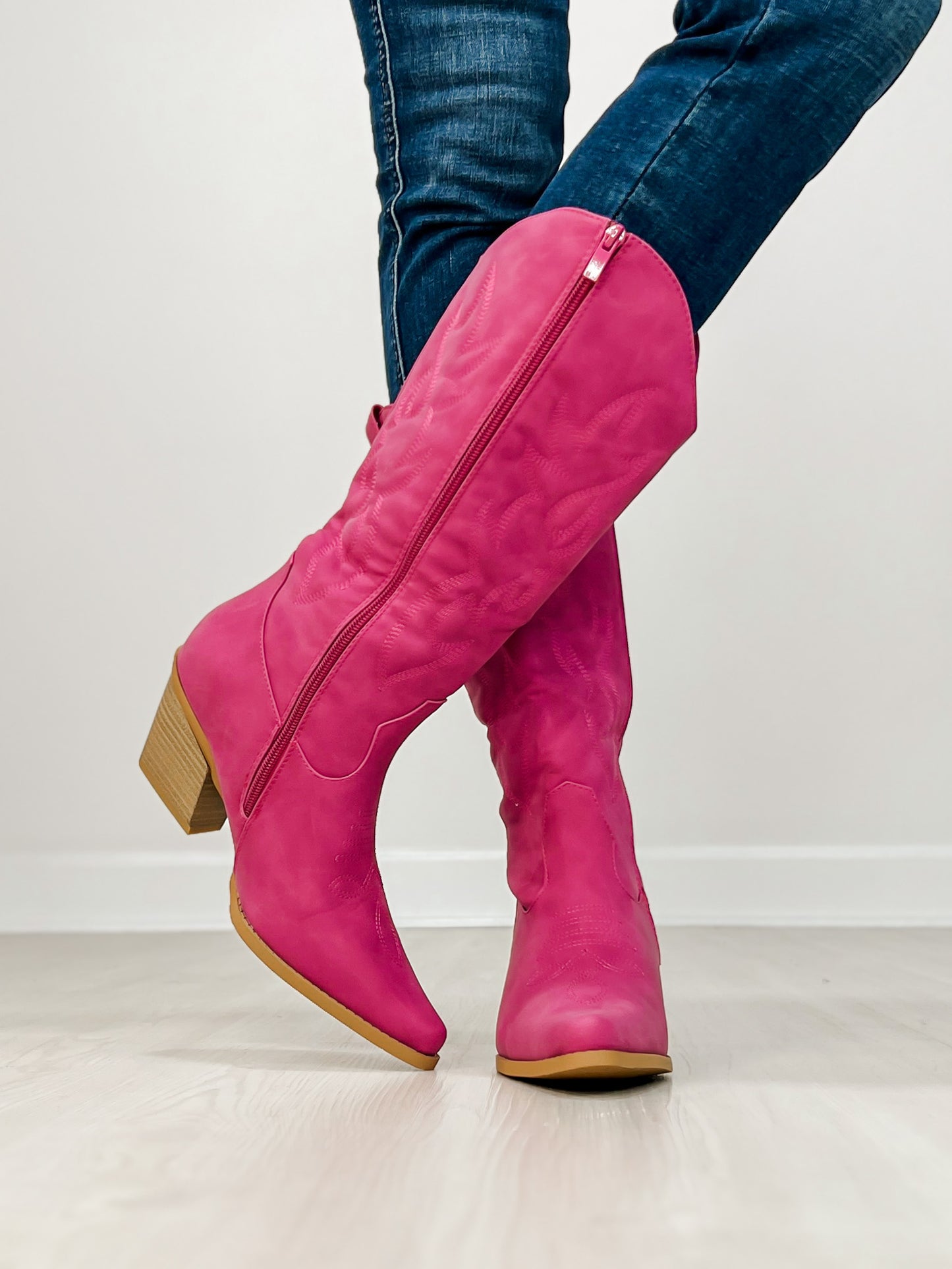Nubuck Leather Western Boots in Fuchsia