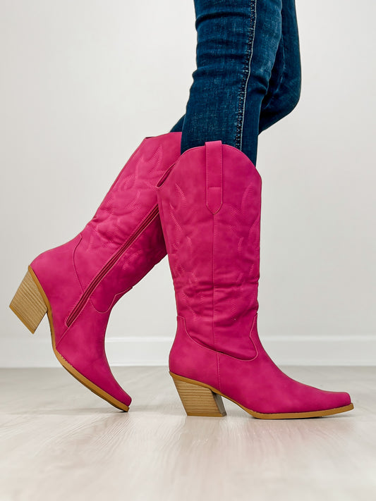 Nubuck Leather Western Boots in Fuchsia