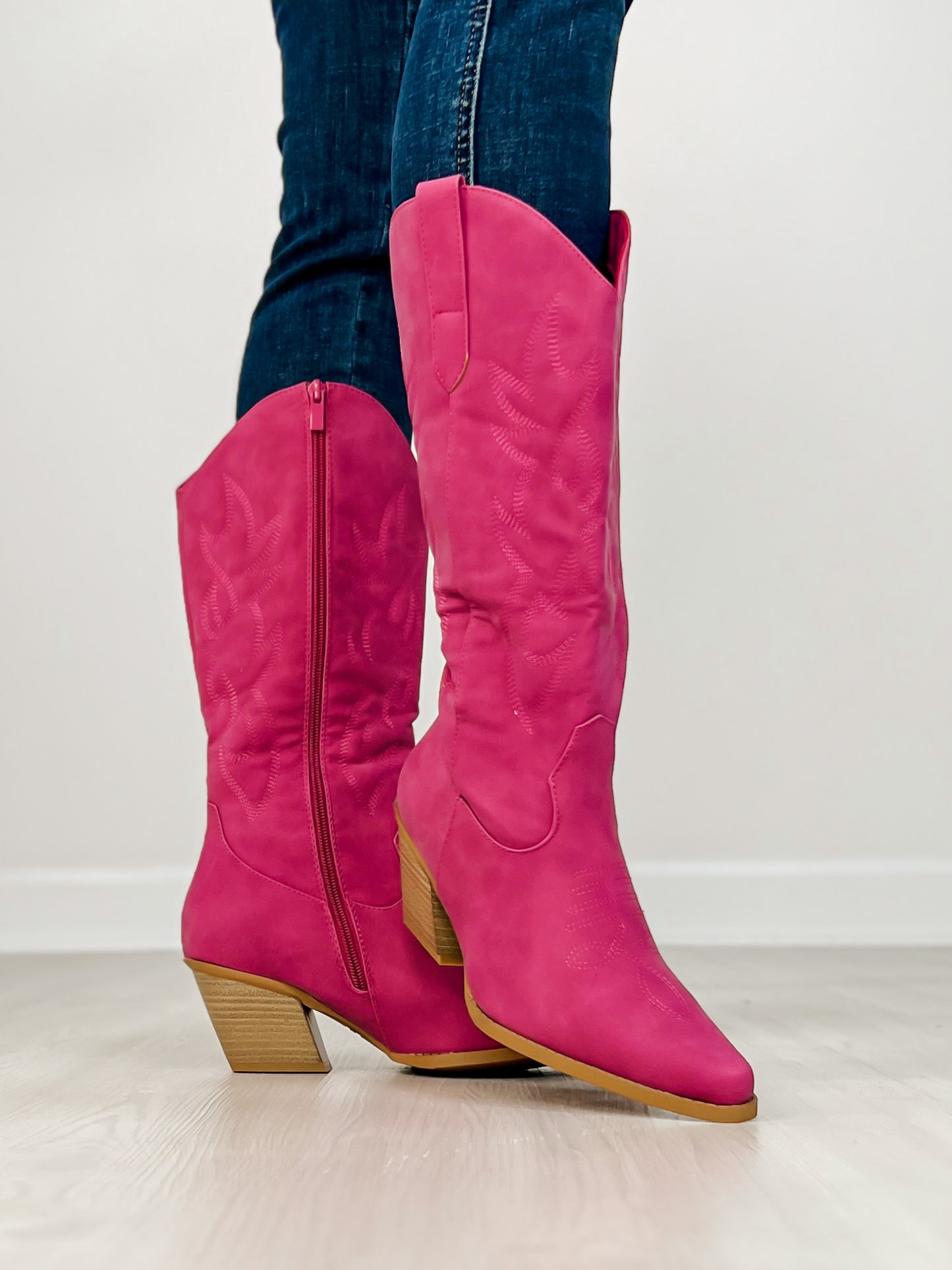 Nubuck Leather Western Boots in Fuchsia