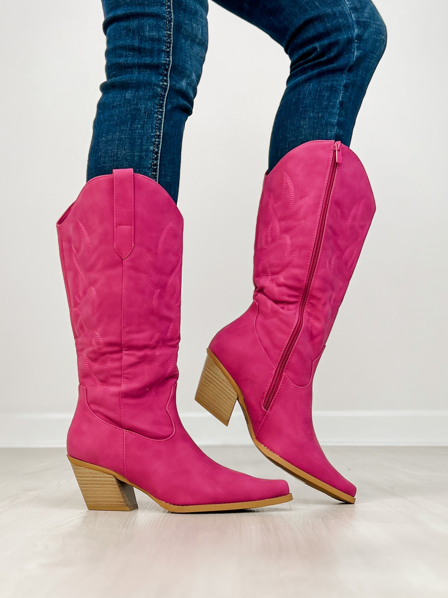 Nubuck Leather Western Boots in Fuchsia