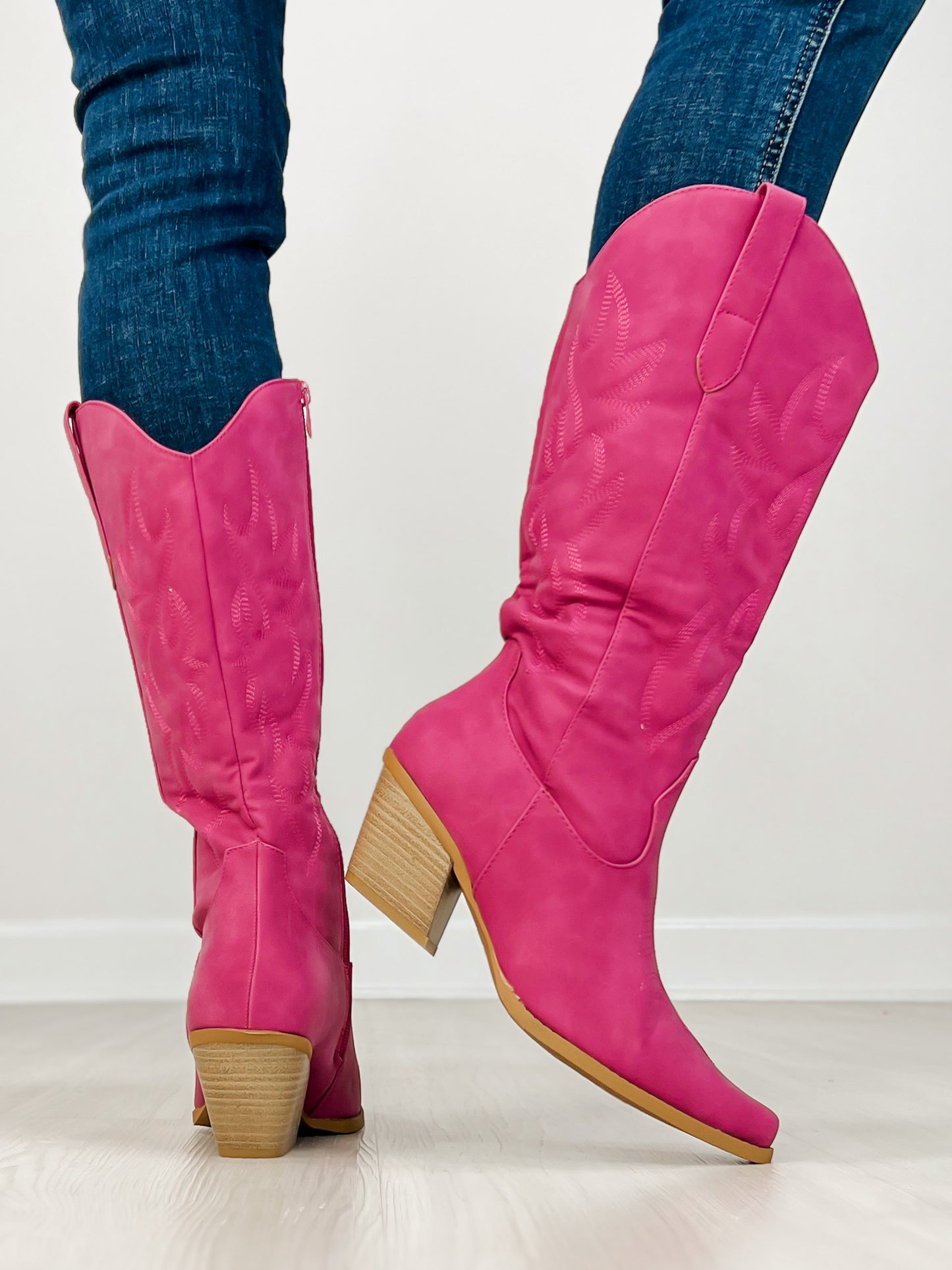Nubuck Leather Western Boots in Fuchsia