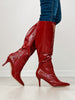 Croc Pattern Patent Finish Pointed-Toe Tall Boots in Red